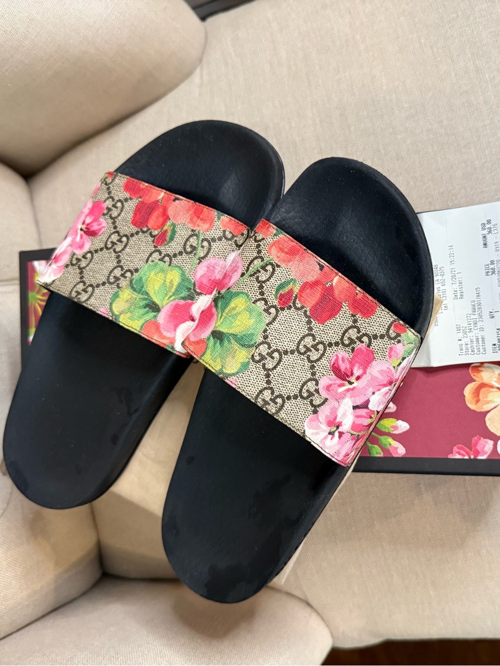 Gucci Bloom Floral GG Canvas Slide Sandals 37